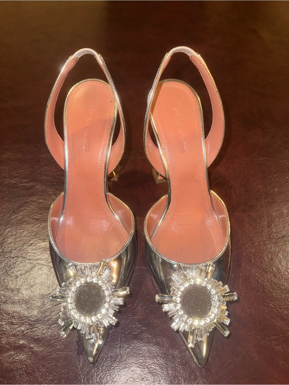 Amina Muaddi metallic silver slingback pumps Size 38